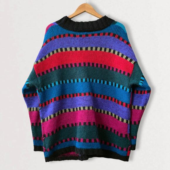 90s Abstract Slouchy Mohair Wool Cardigan Sweater Artsy Jewel Tone Fuzzy L Multi - Picture 8 of 10